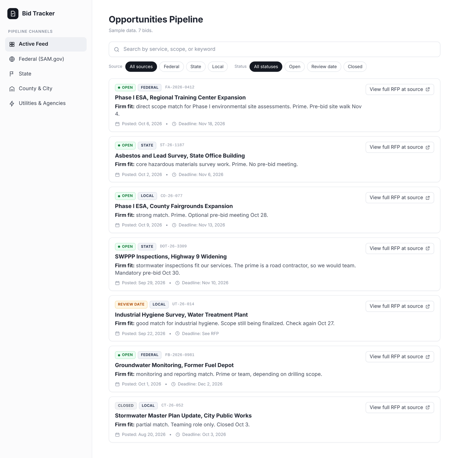 Bid tracker dashboard with sample federal, state, and local opportunities, each showing status, source, a firm fit note, and deadline.