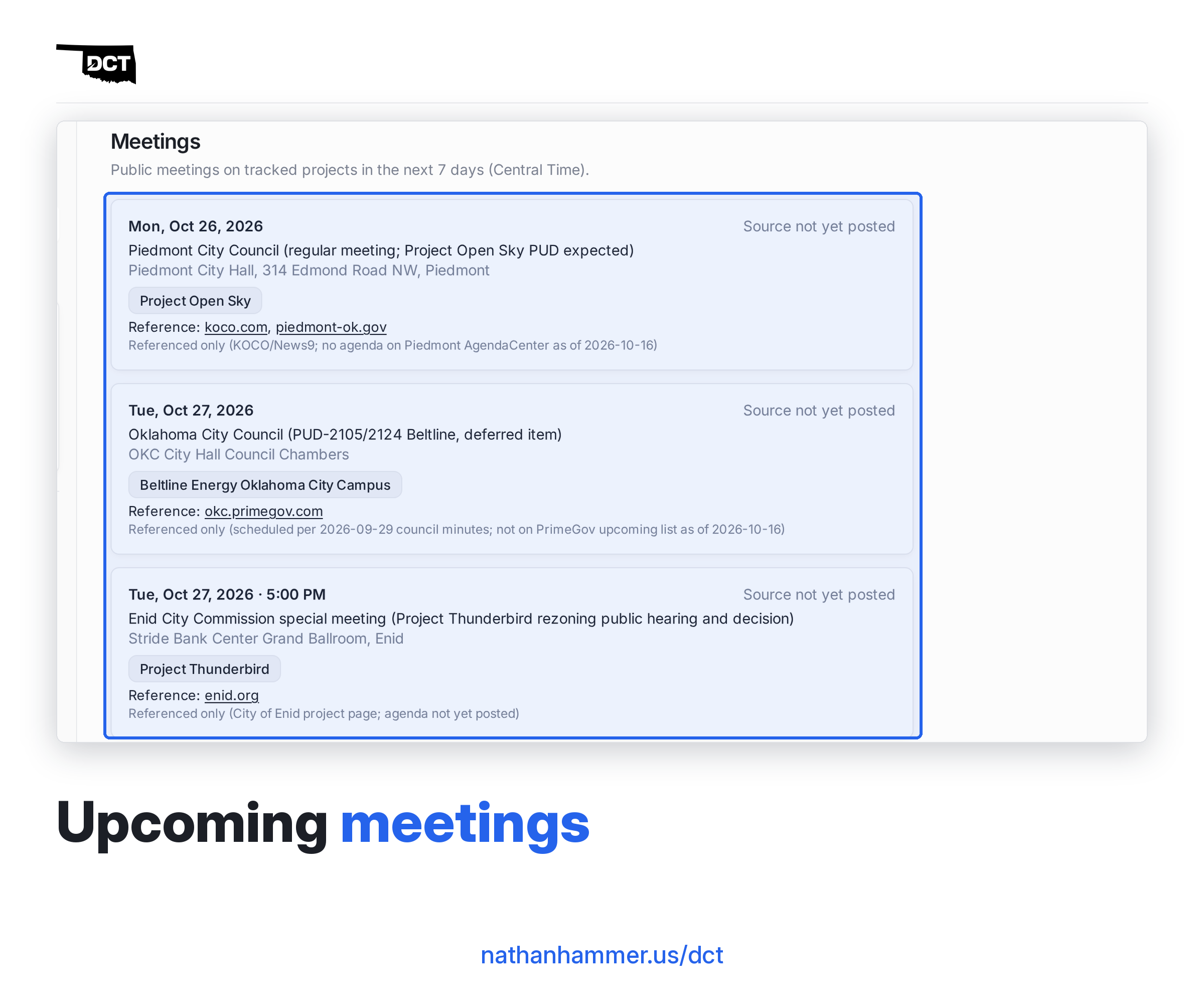 DCT screenshot: the upcoming meetings list, showing public meetings on tracked projects with dates, places and references.