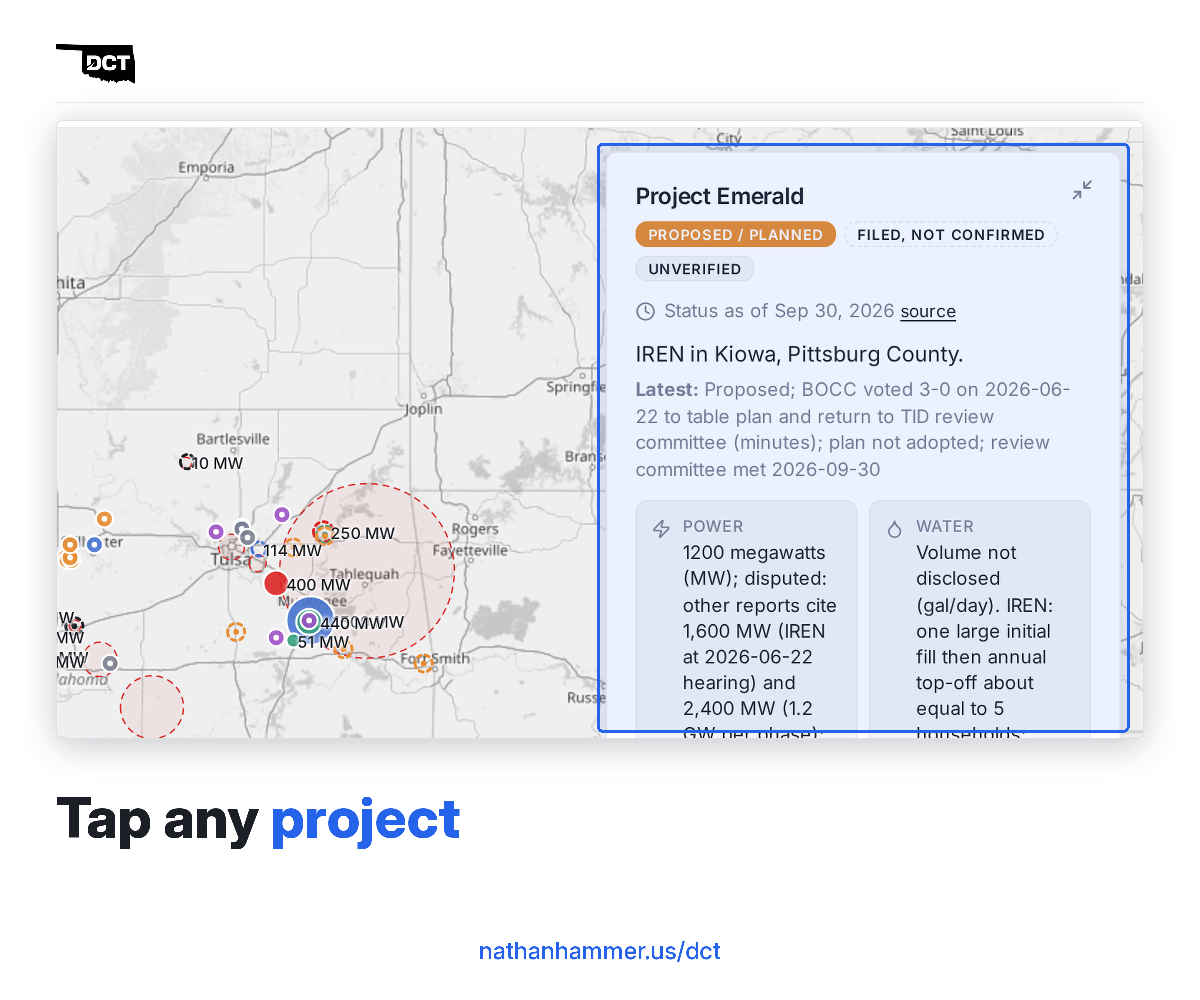 DCT screenshot: a project card opened from the map, showing status, source date, power and water details.
