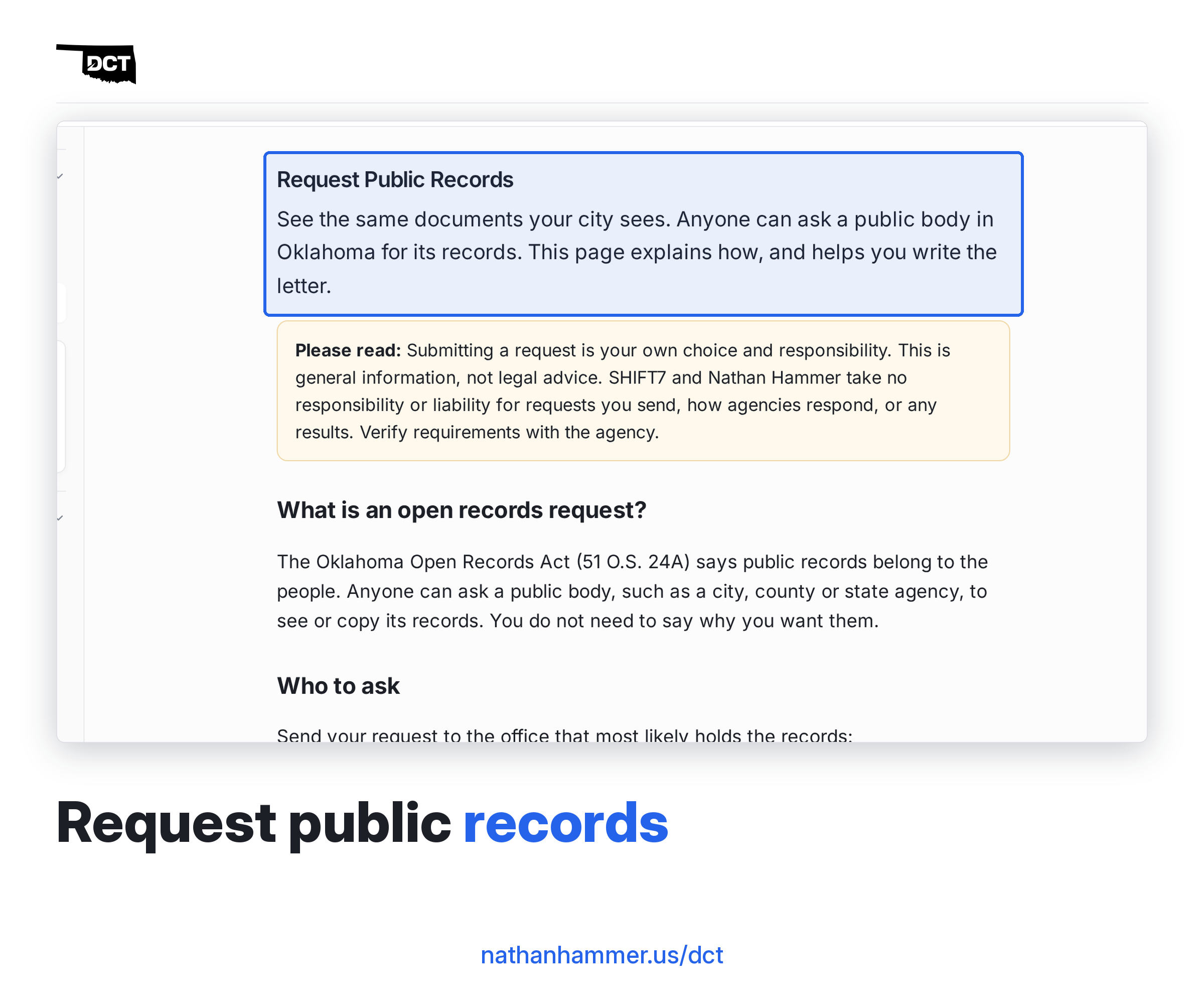 DCT screenshot: the guide to requesting public records, with a plain explanation and a note to verify with the agency.