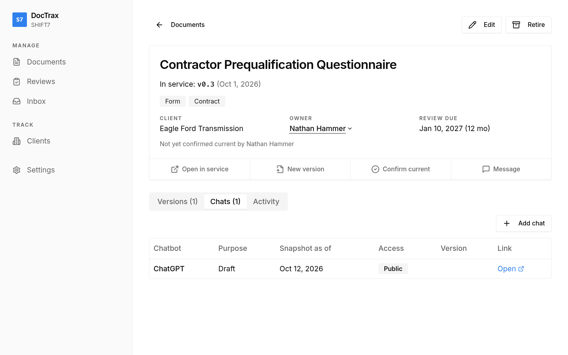 DocTrax: one card per document. Example data.